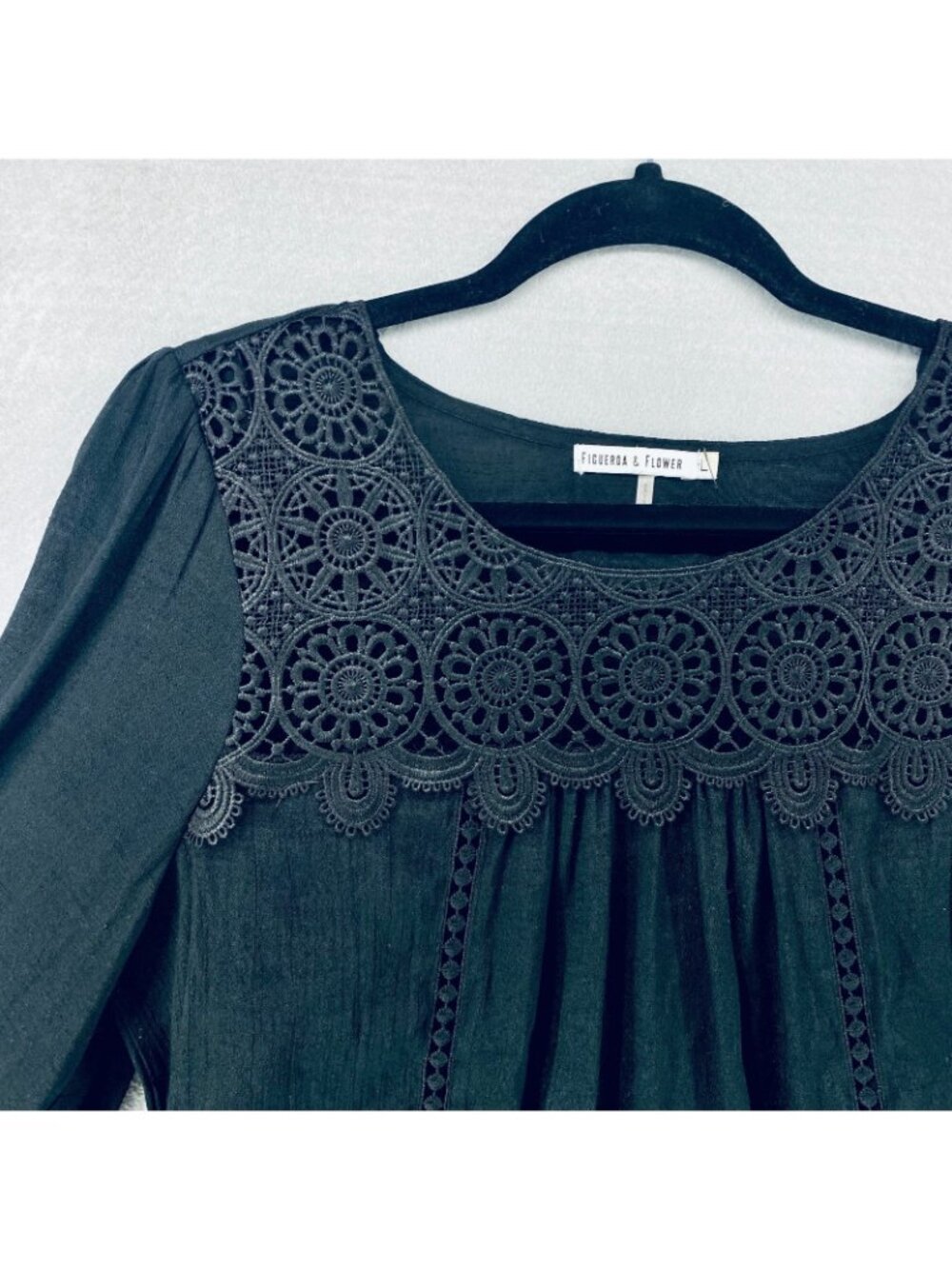 Anthropologie Figueroa & Flower Top Womens L Black Crochet Blouse Whimsygoth - Picture 3 of 11